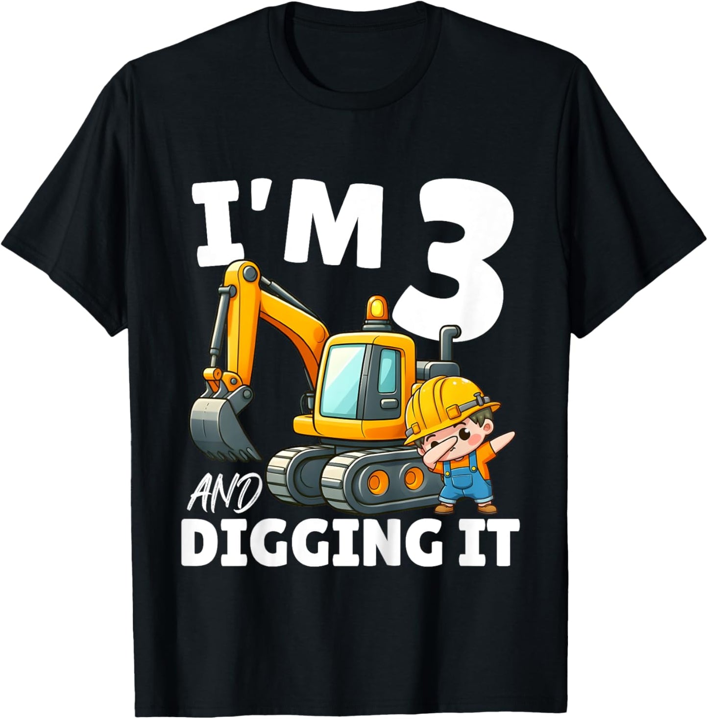 Kids I'm 3 And Digging It 3rd Birthday Dabbing Construction Boy T-Shirt - T-Shirt | Black