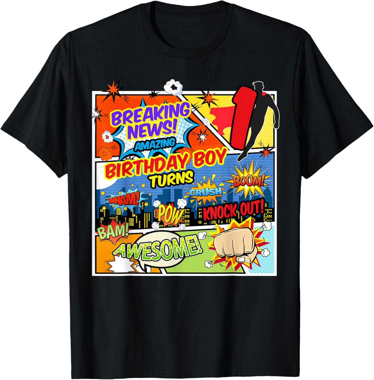 1st Birthday Boy Superhero Comic Book Theme 1 Years Old T-Shirt - T-Shirt | Black