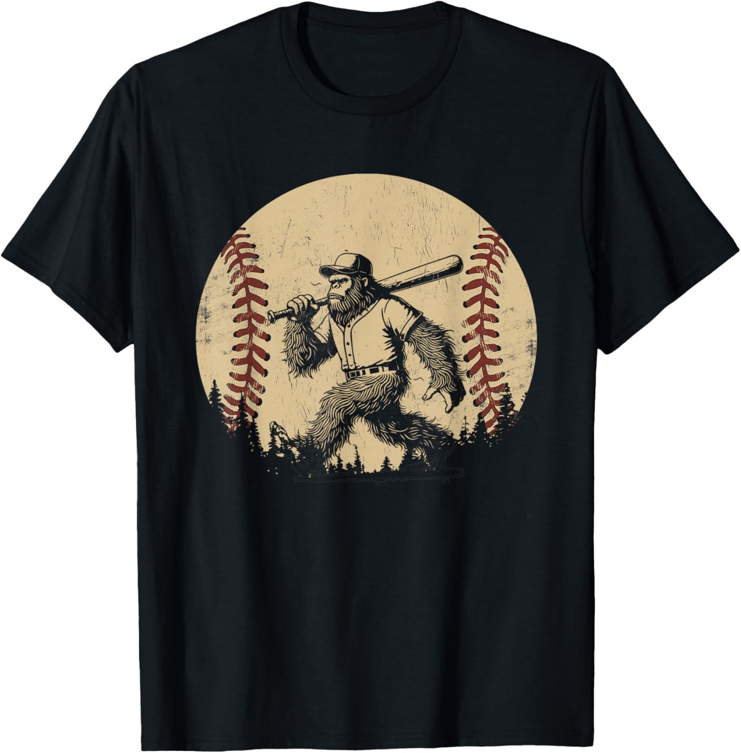 Funny Retro Sasquatch Baseball Vintage Bigfoot Baseball T-Shirt - T-Shirt | Black