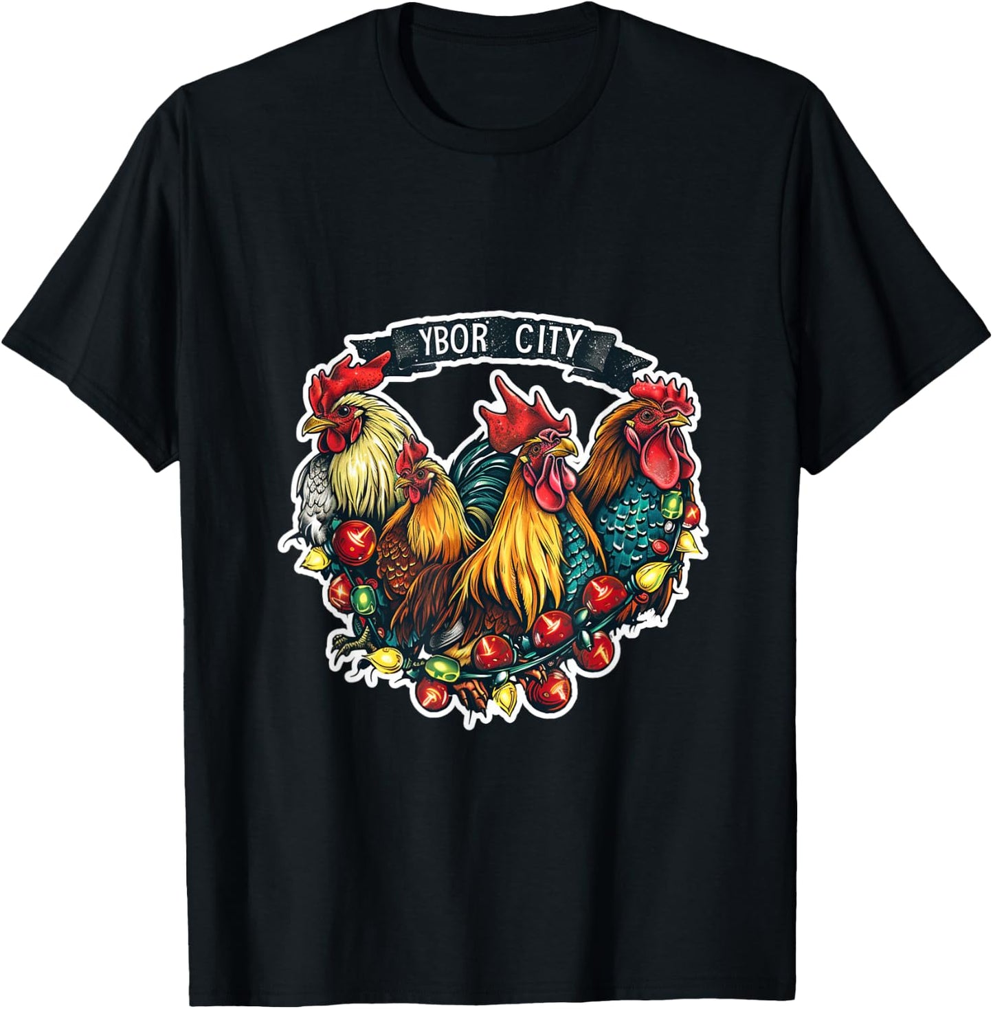 Ybor City Tampa Florida Chickens Roosters Christmas Lights T-Shirt - T-Shirt | Black