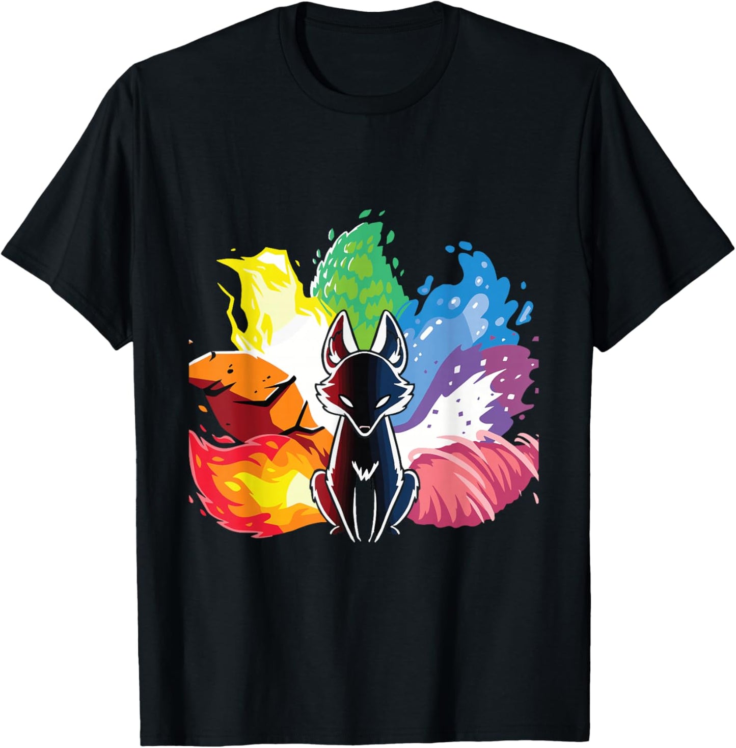 Kitsune Nine Tail Rainbow Fox T-Shirt - T-Shirt | Black