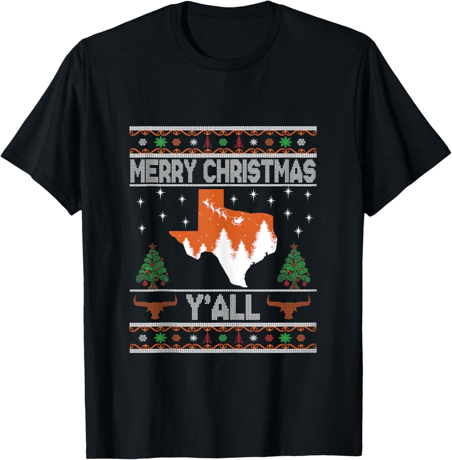 Merry Xmas Y'all Texas Ugly Matching Family Longhorn Sweater T-Shirt - T-Shirt | Black