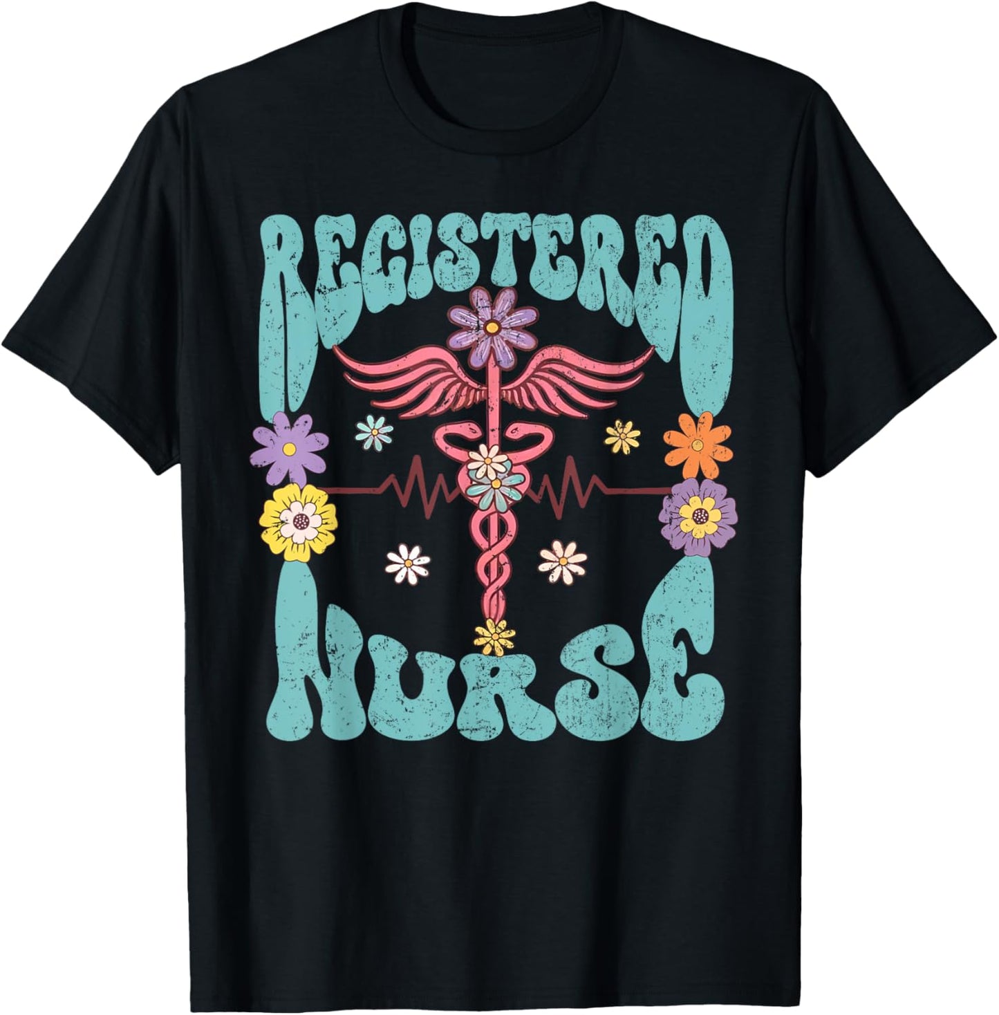 Registered Nurse Retro Groovy Floral RN Nursing Staff Gifts T-Shirt - T-Shirt | Black