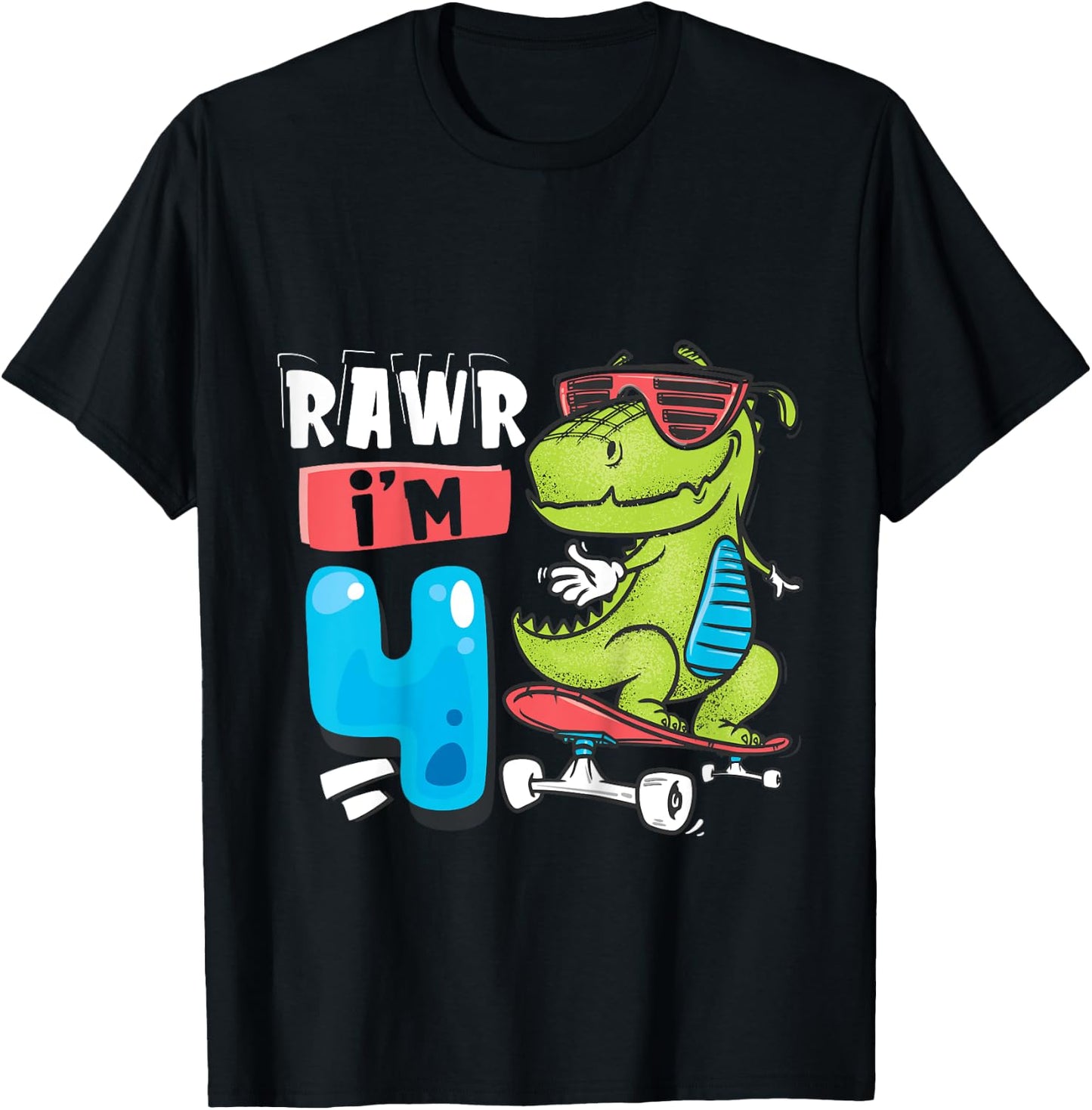 Kids Rawr I'm 4 T Rex Dinosaur Skateboard Boys 4th Birthday Party T-Shirt - T-Shirt | Black