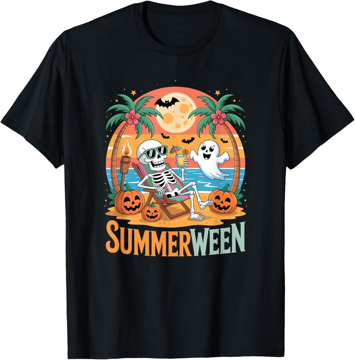 Summerween Skeleton Ghost Beach Halloween Summer Scary Fun T-Shirt - T-Shirt | Black