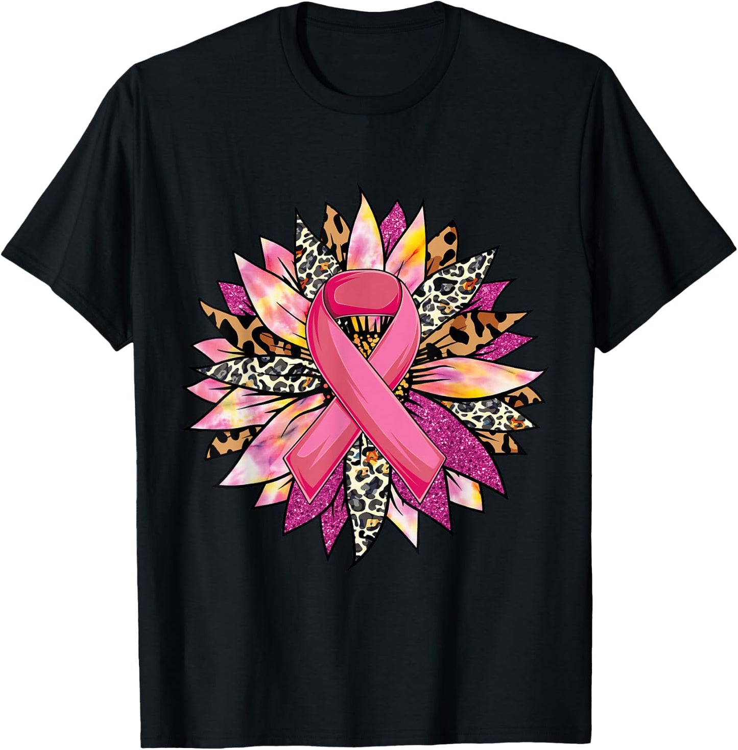 Sunflower Breast Cancer Awareness Leopard Sunflower Ribbon T-Shirt - T-Shirt | Black