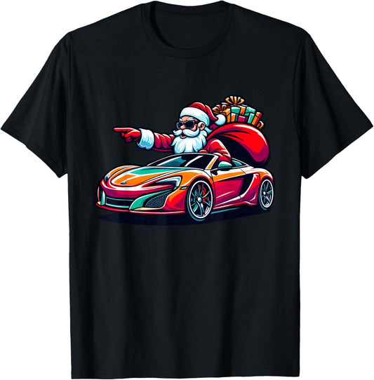Funny Christmas Santa Claus Driving Sport Car Xmas Pajama T-Shirt - T-Shirt | Black