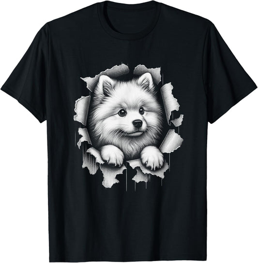 Cute American Eskimo Dog Peeking Design Women Kids T-Shirt - T-Shirt | Black
