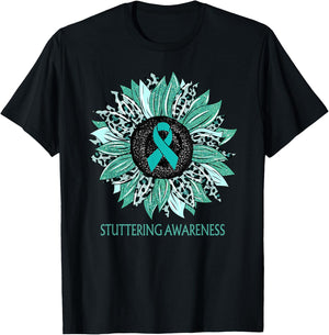 Leopard Sunflower Stuttering Awareness Teal Ribbon T-Shirt - T-Shirt | Black