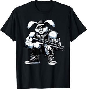 Thug Bunny Holding Gun Muscles Gangster Rabbit Lovers Art T-Shirt - T-Shirt | Black
