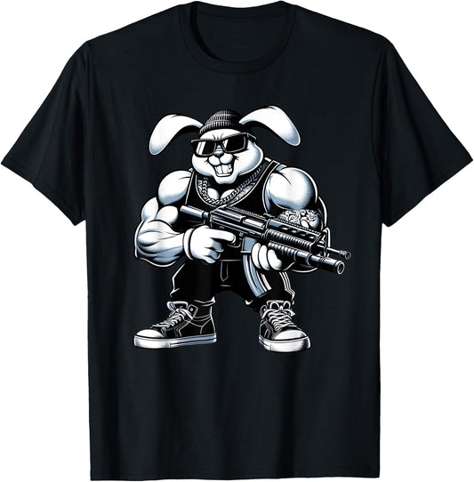 Thug Bunny Holding Gun Muscles Gangster Rabbit Lovers Art T-Shirt - T-Shirt | Black