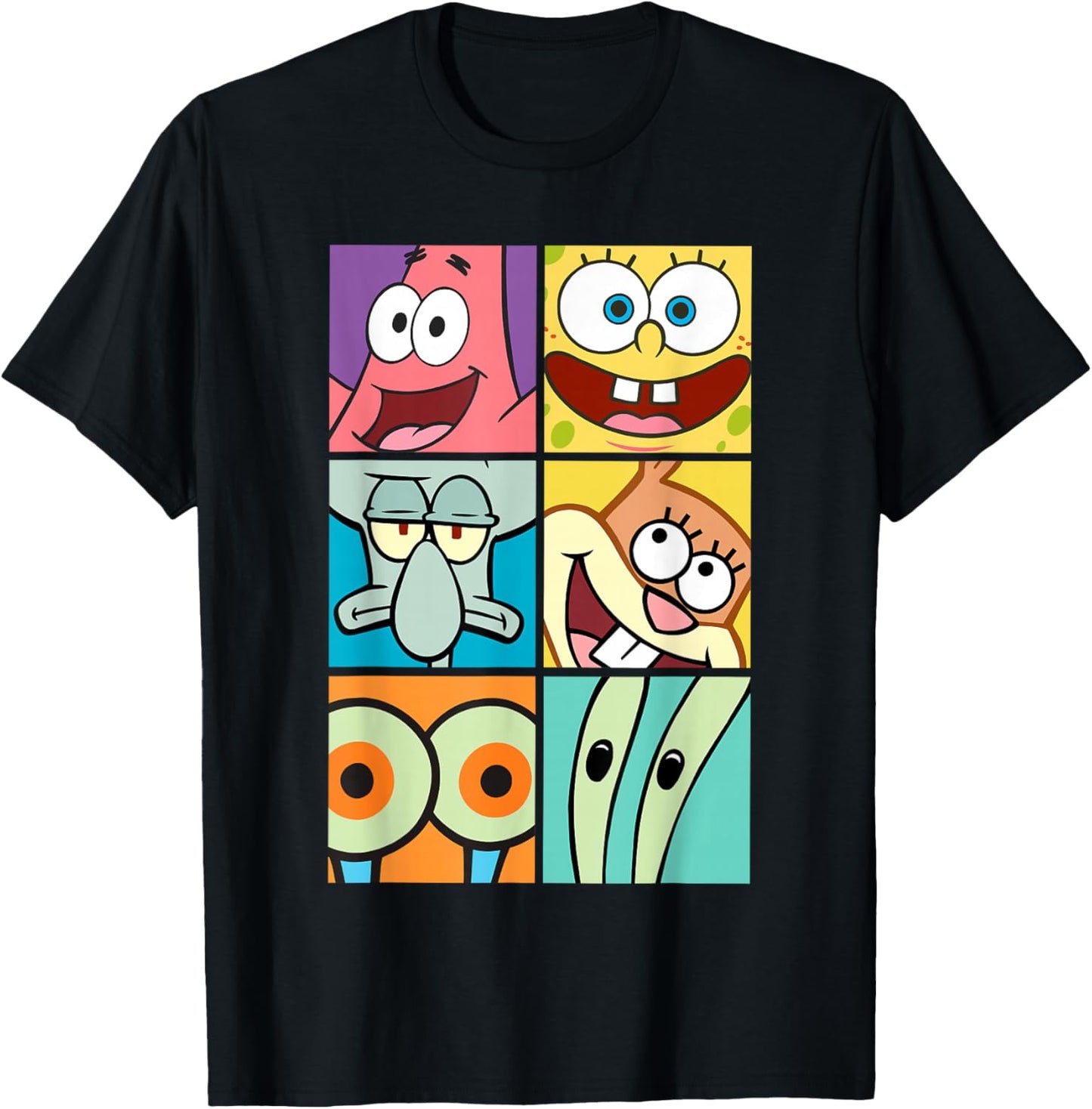 SpongeBob SquarePants Character Faces Closeup Panels T-Shirt - T-Shirt | Black