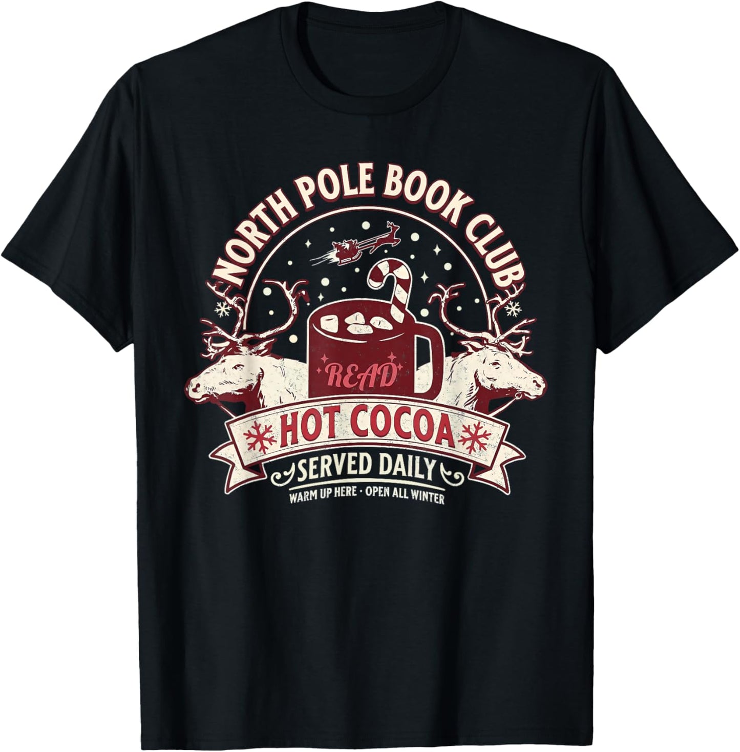 North Pole Book Club Hot Cocoa Reindeer Christmas Xmas Santa T-Shirt - T-Shirt | Black