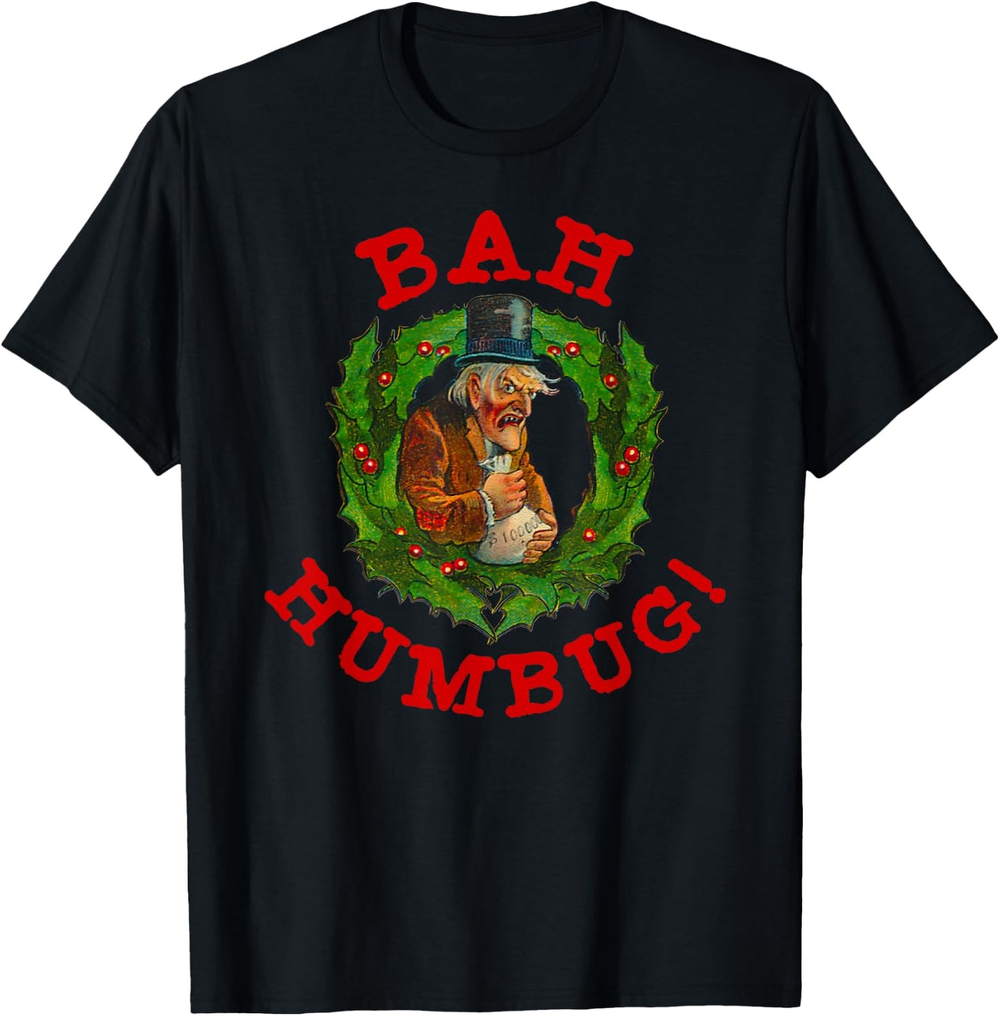 Ugly Christmas Party Scrooge Bah Humbug Christmas Wreath T-Shirt - T-Shirt | Black