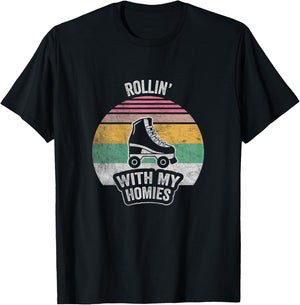 NICE 'N COOL Retro Vintage Rollin With My Homies Roller Skating , Female X-Small T-Shirt - T-Shirt | Black
