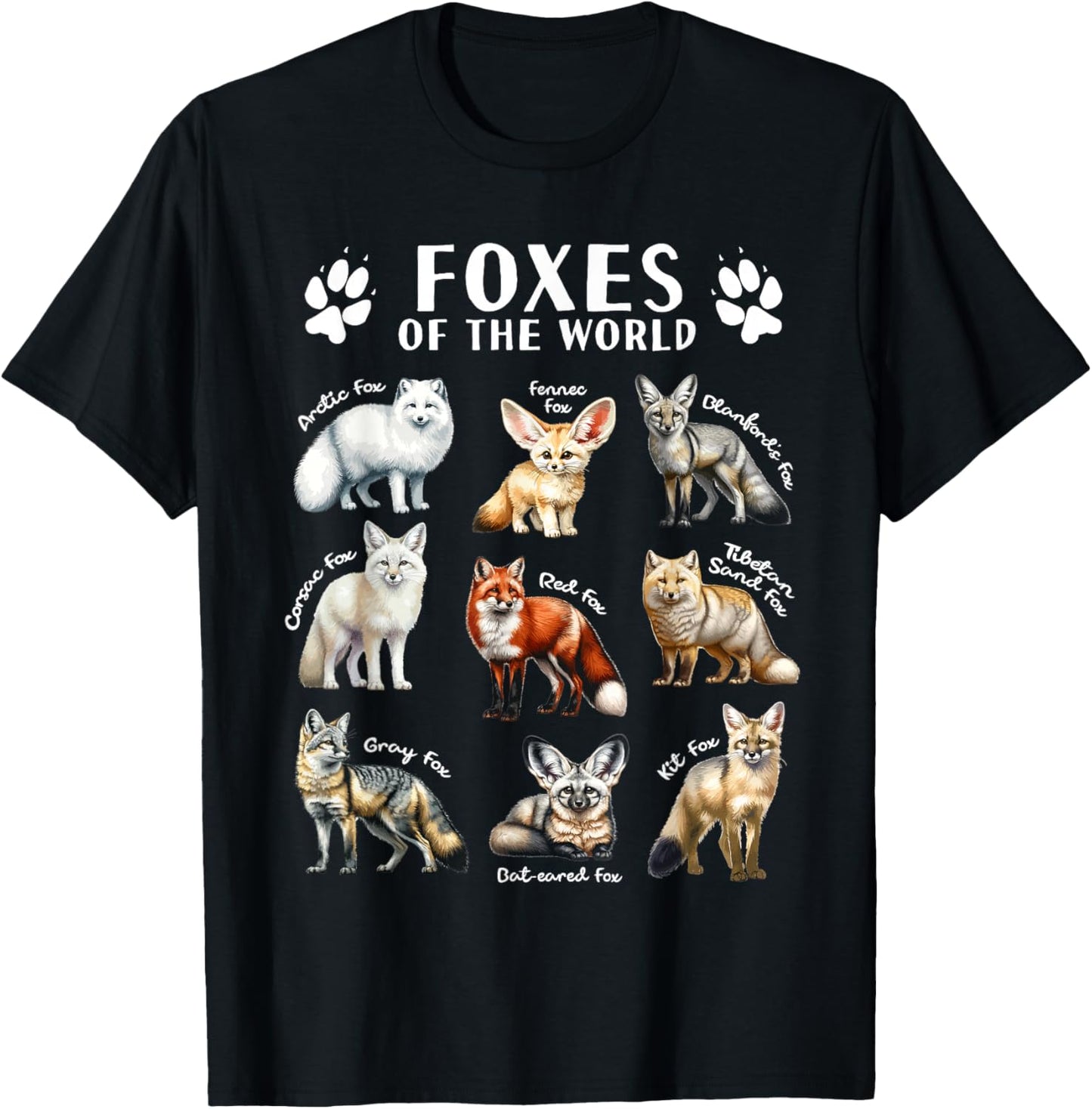 Foxes of the World Educational Collection Fox Types Animal T-Shirt - T-Shirt | Black
