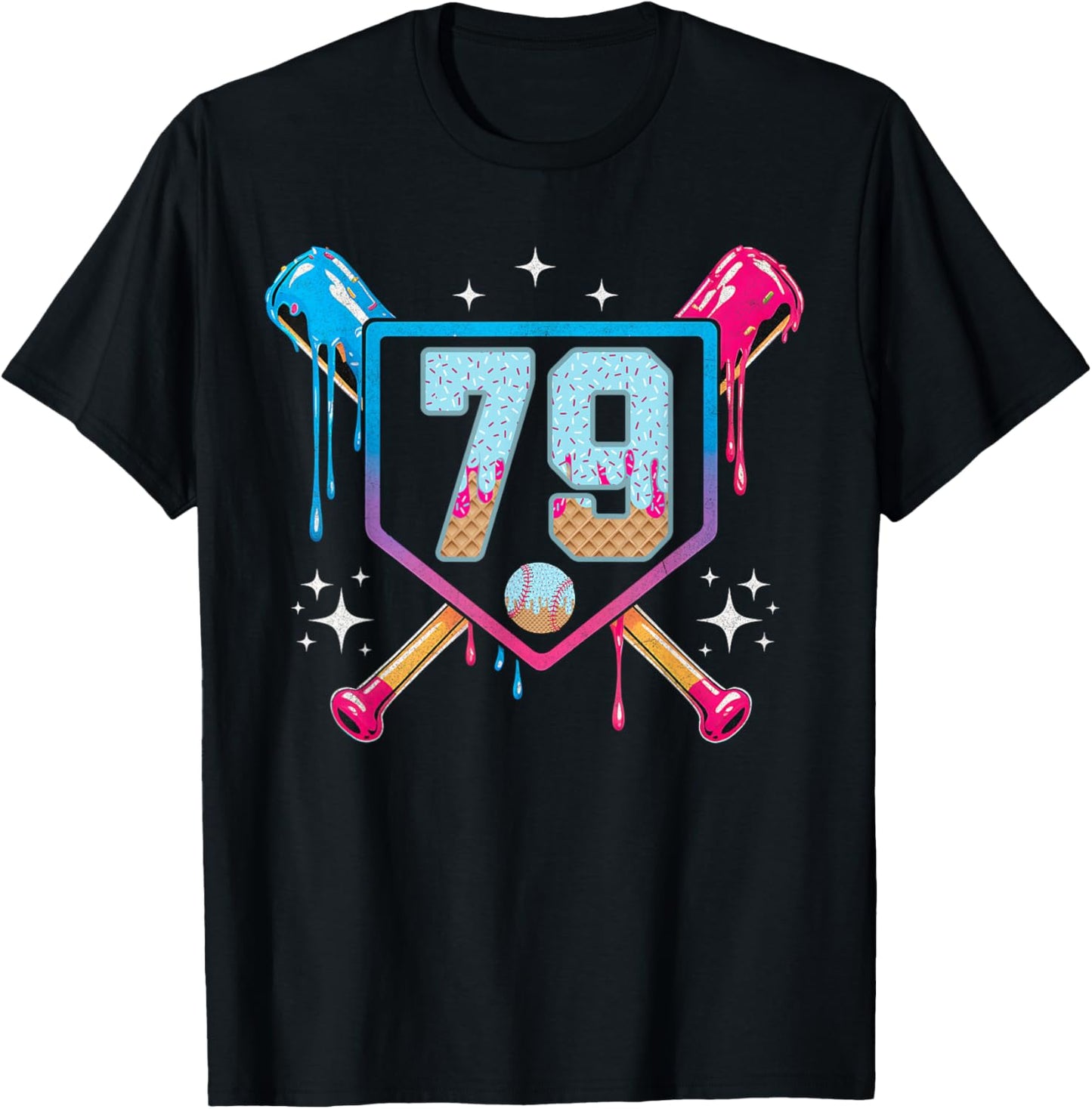 Baseball 79 Year Old Ice Cream Drip 79th Birthday Number 79 T-Shirt - T-Shirt | Black