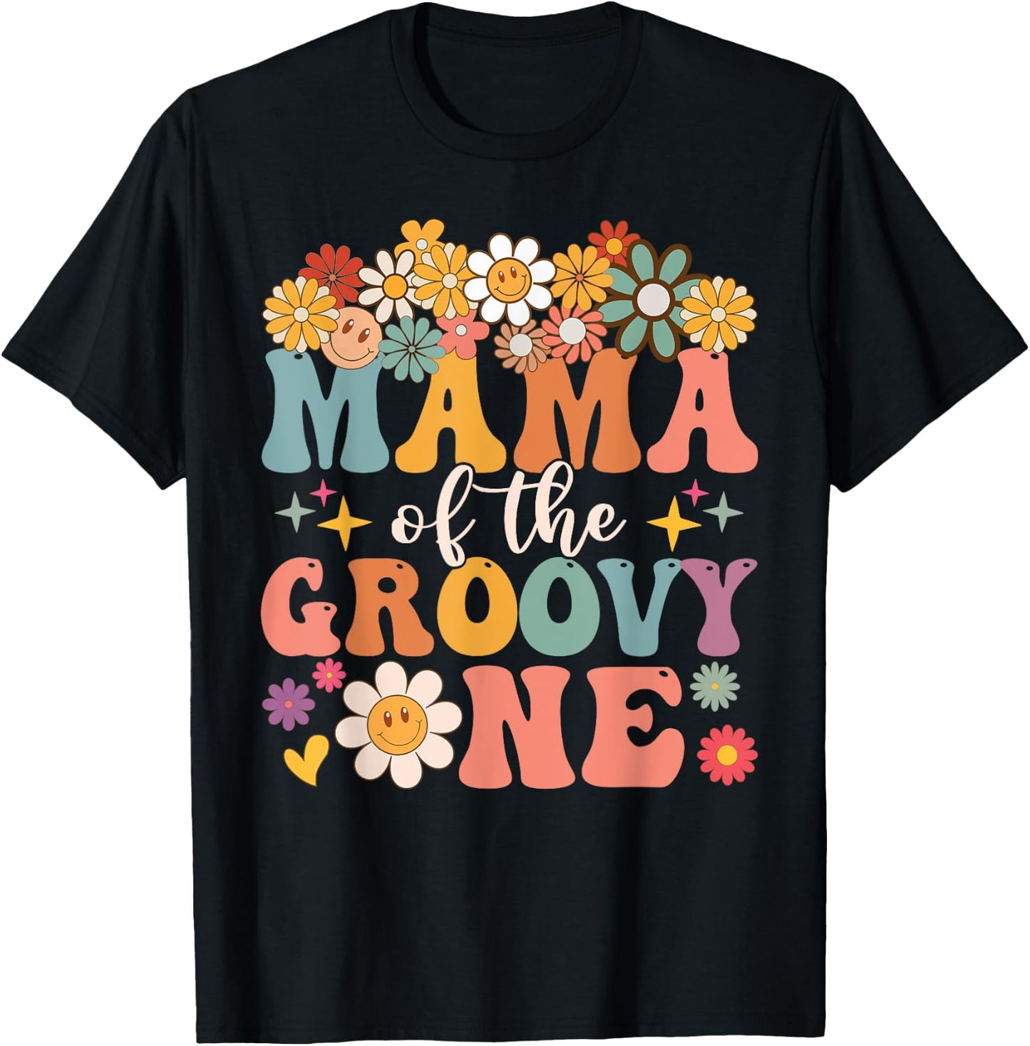 Retro Mama of Groovy One Matching Family 1st Birthday Party T-Shirt - T-Shirt | Black