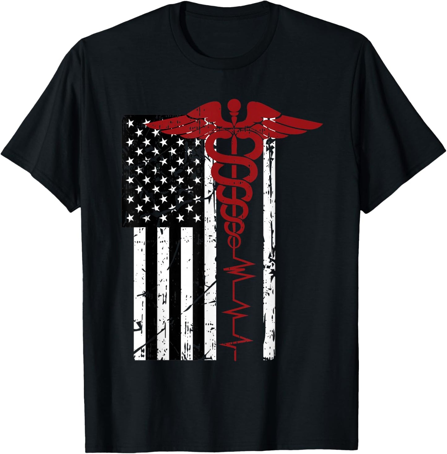 USA Flag Medical Symbol Black Patriotic Caduceus Nurse Gift T-Shirt - T-Shirt | Black