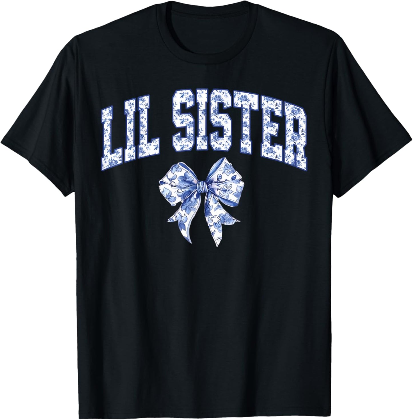 Lil Sister Coquette Toile Blue Bow Floral Family Matching T-Shirt - T-Shirt | Black
