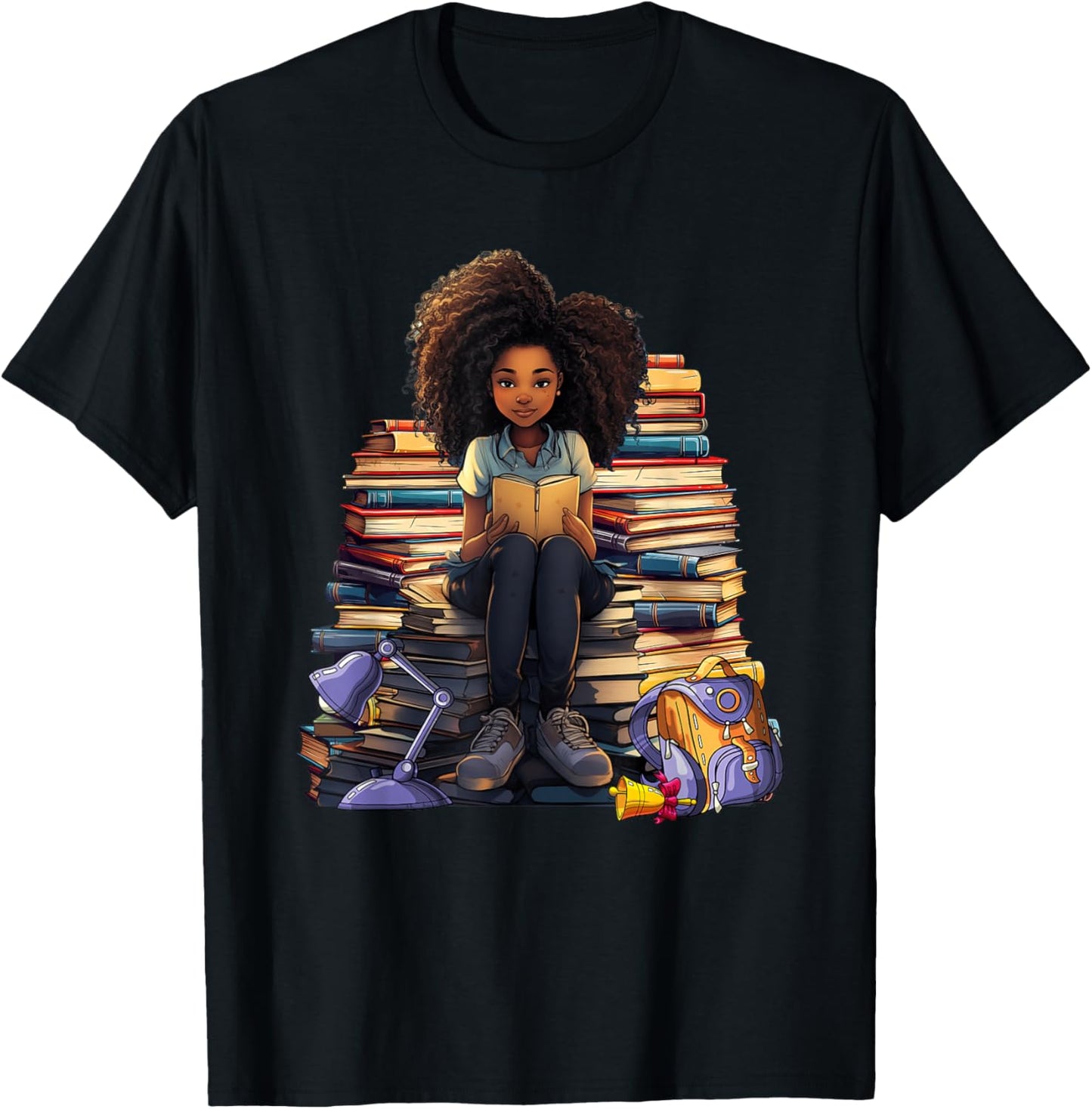 Back To School Afro Melanin Girl Reading Book Bookworm T-Shirt - T-Shirt | Black