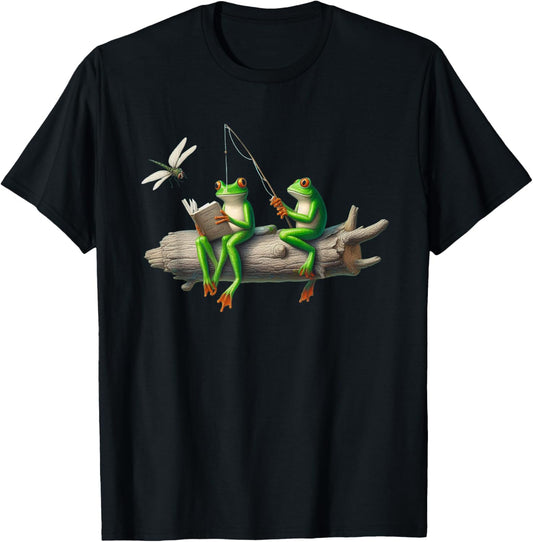 Four Legs Frog on a log Frog Fishing Dragonfly Reading Book T-Shirt - T-Shirt | Black