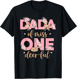 Dada of Little Miss One-deer-ful Bday Girl Floral Deer T-Shirt - T-Shirt | Black