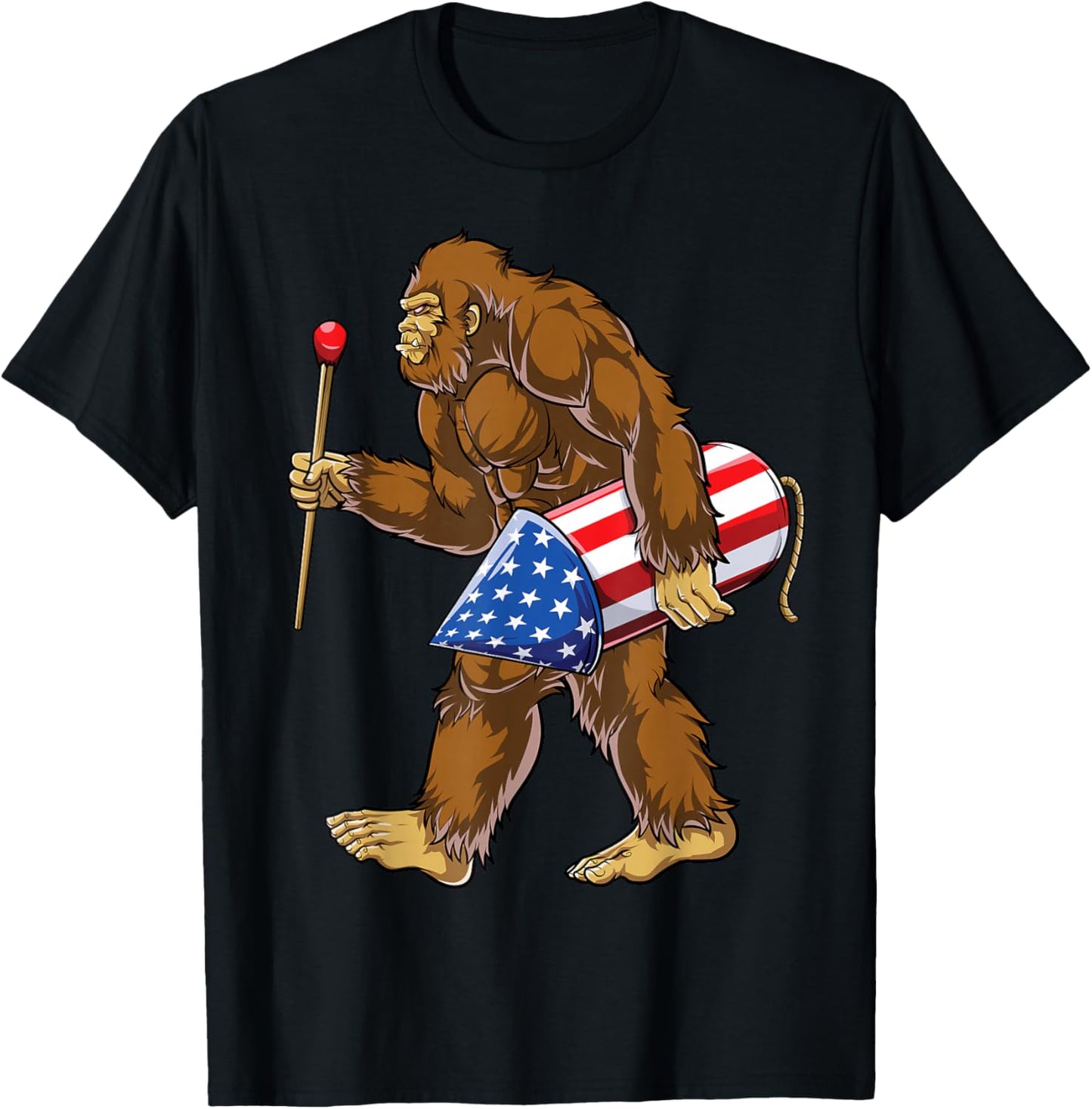 Bigfoot Fireworks 4th of July Men Sasquatch American Flag US T-Shirt - T-Shirt | Black