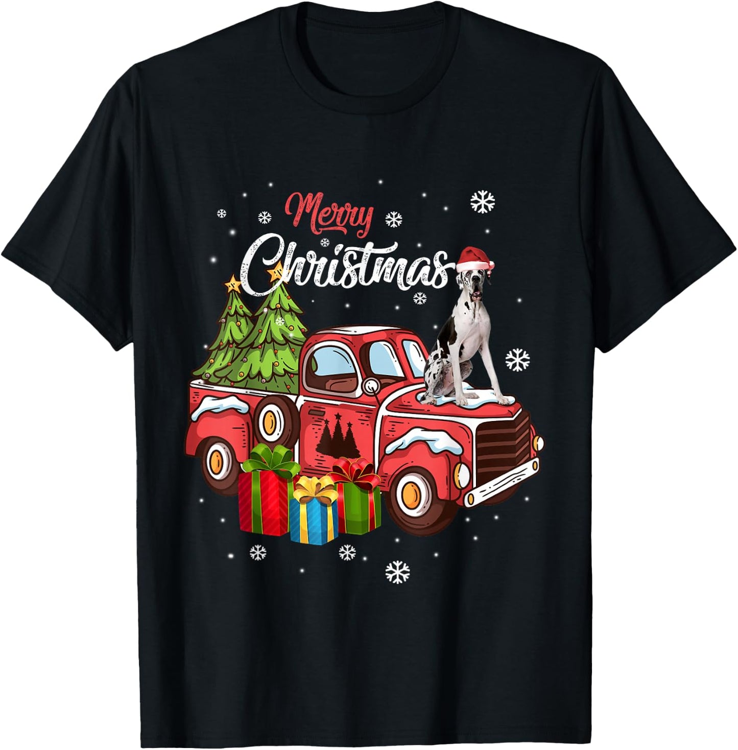 Great Dane Riding Red Truck Xmas Merry Christmas T-Shirt - T-Shirt | Black