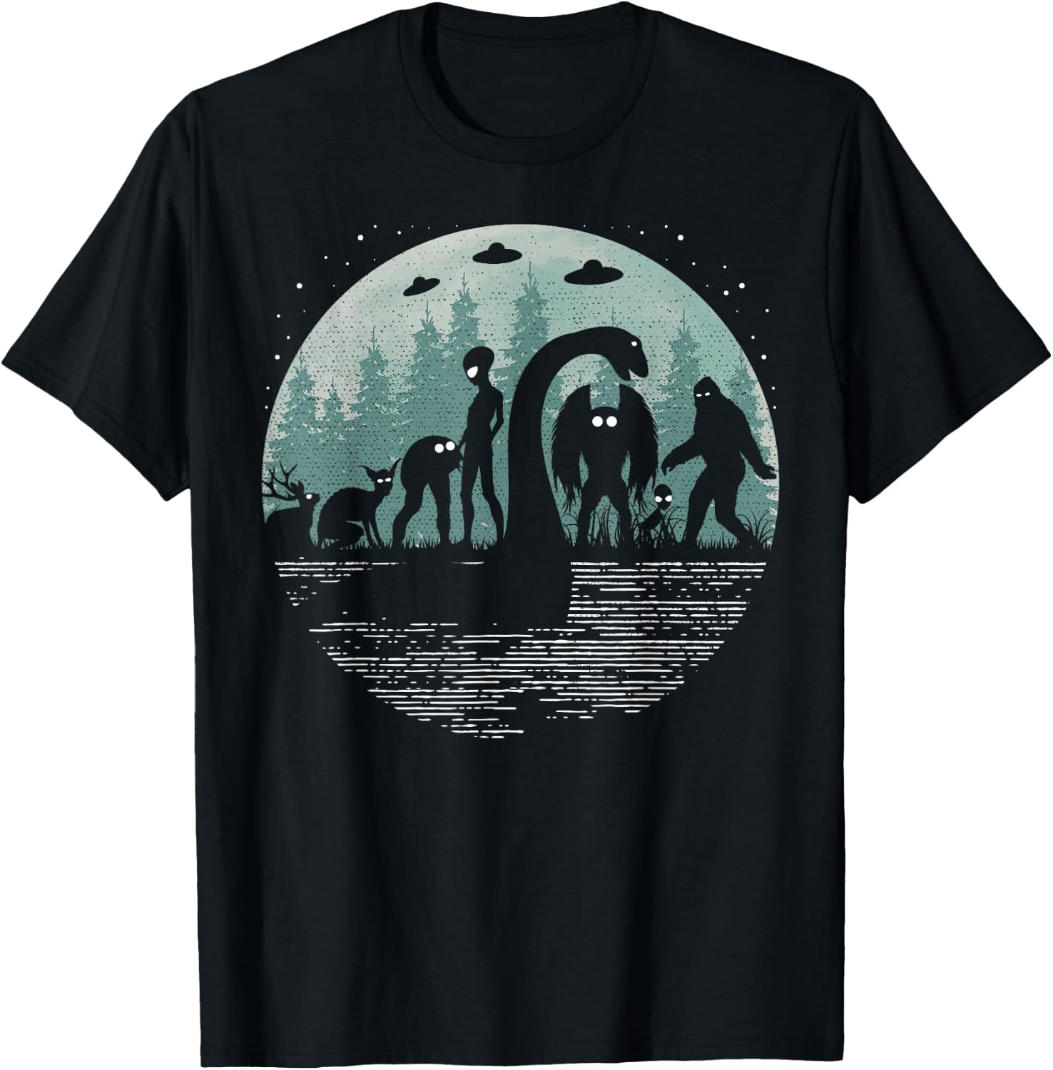 Bigfoot Loch Ness Monster With Mothman Aliens! Funny Cryptid T-Shirt - T-Shirt | Black