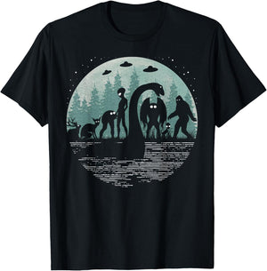 Bigfoot Loch Ness Monster With Mothman Aliens! Funny Cryptid T-Shirt - T-Shirt | Black