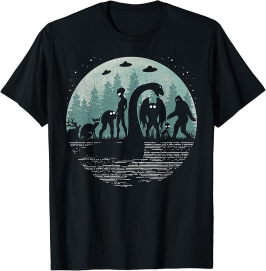 Bigfoot Loch Ness Monster With Mothman Aliens! Funny Cryptid T-Shirt - T-Shirt | Black