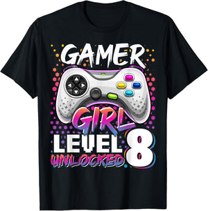 Gamer Girl Level 8 Unlocked Video Game 8th Birthday Gift T-Shirt - T-Shirt | Black