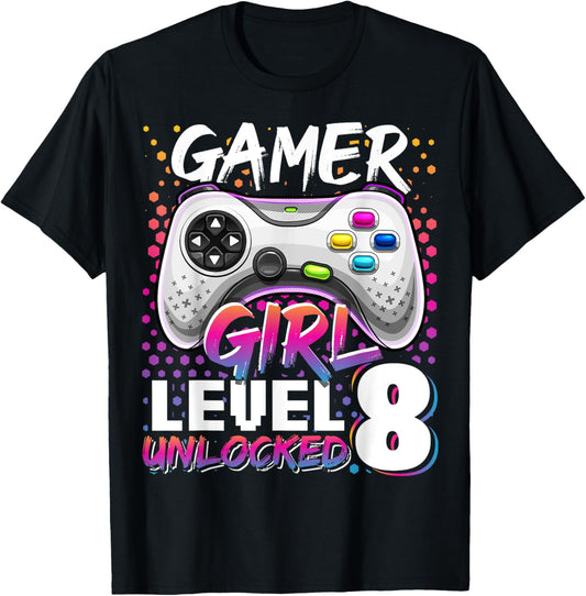Gamer Girl Level 8 Unlocked Video Game 8th Birthday Gift T-Shirt - T-Shirt | Black