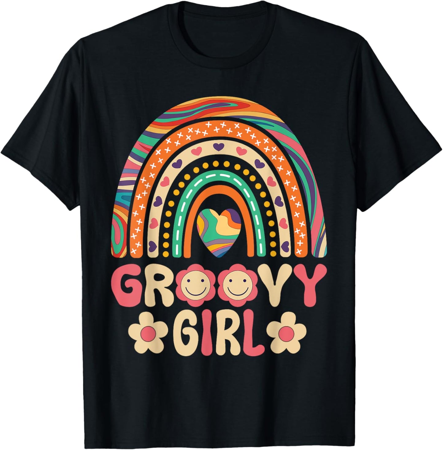 Groovy Girl 60s Theme Costume Cute 70s Outfit Rainbow Hippie T-Shirt - T-Shirt | Black