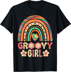 Groovy Girl 60s Theme Costume Cute 70s Outfit Rainbow Hippie T-Shirt - T-Shirt | Black