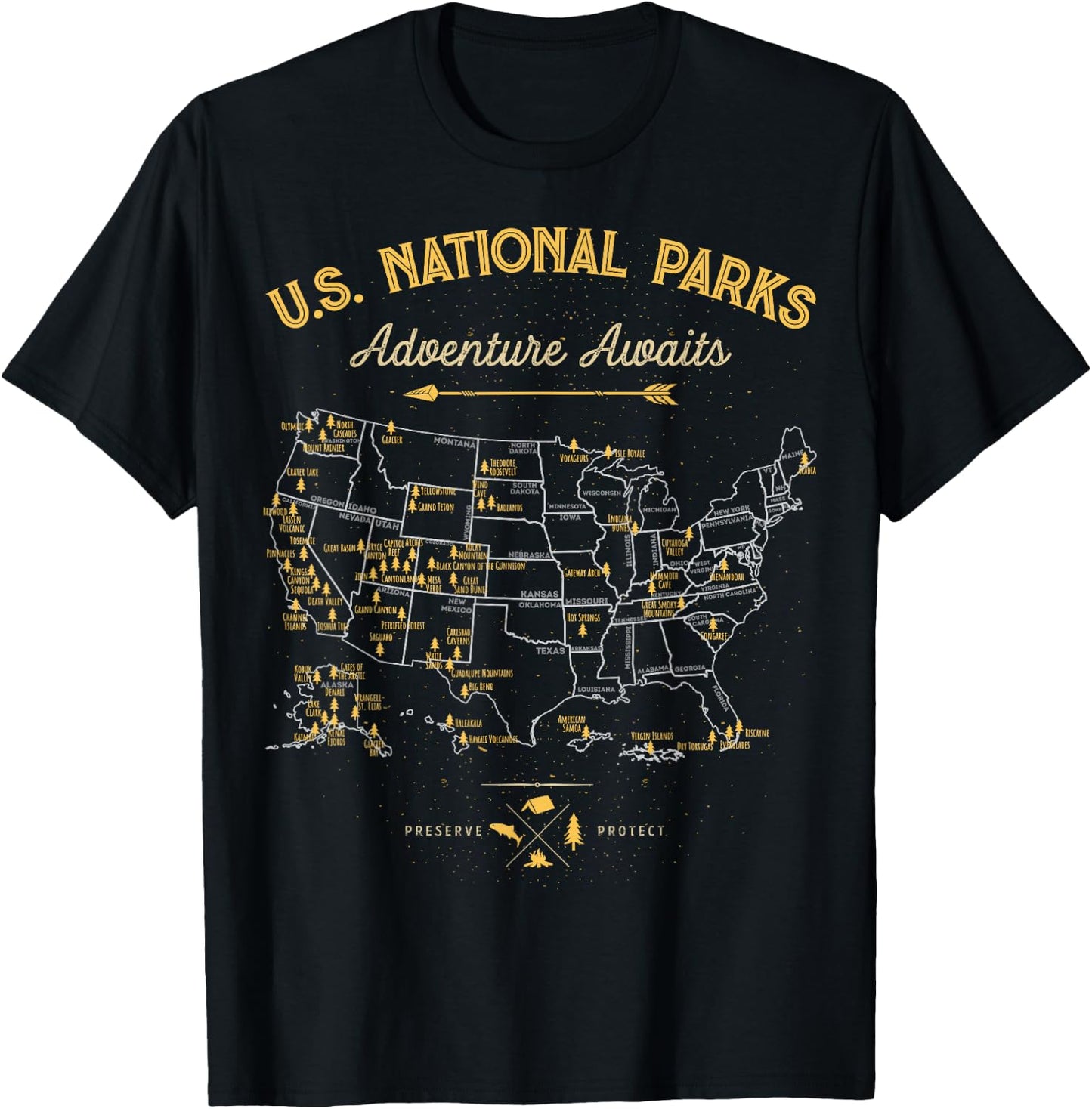 62 National Parks Map Gifts US Park Vintage Camping Hiking T-Shirt - T-Shirt | Black