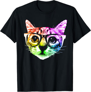 Rainbow Kitty Cat with Glasses by ROBOTFACE T-Shirt - T-Shirt | Black