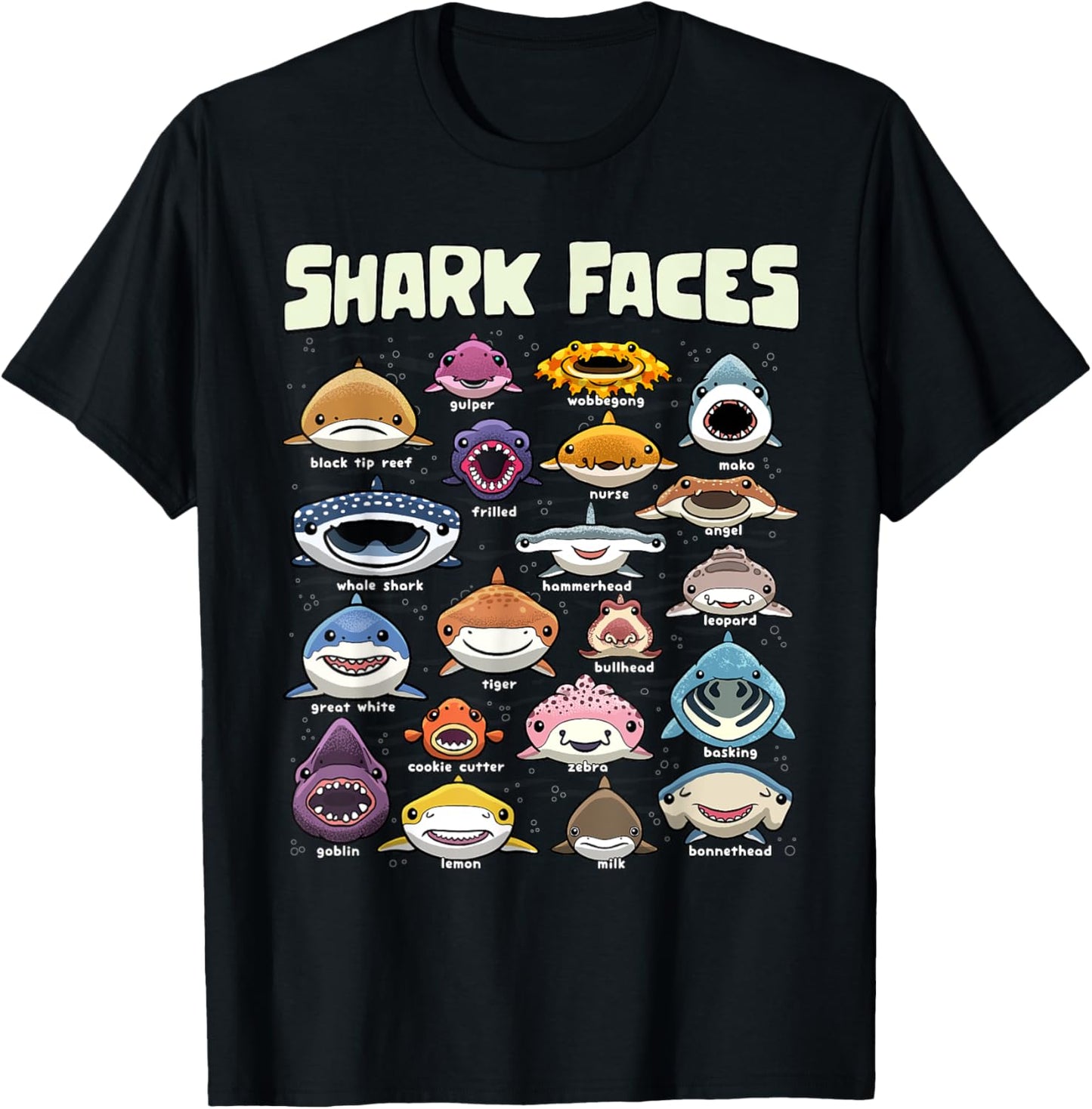 Types of Shark Faces Sea Animals of the World Shark Lover T-Shirt - T-Shirt | Black