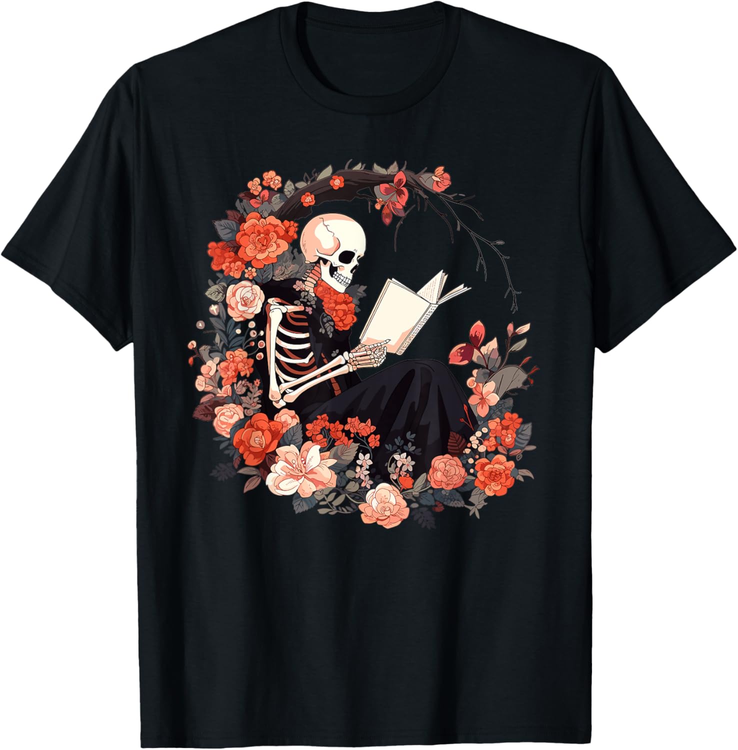 Skeleton Reading Book Lover Floral Flowers Bookish Bookworm T-Shirt - T-Shirt | Black