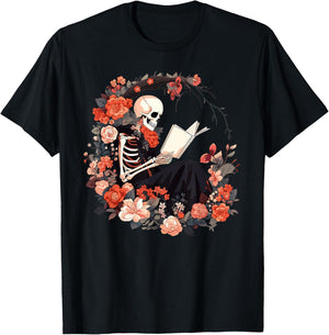 Skeleton Reading Book Lover Floral Flowers Bookish Bookworm T-Shirt - T-Shirt | Black