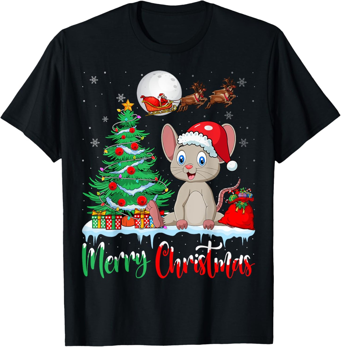 Mouse Wearing Santa Hat Xmas - Merry Christmas Mouse T-Shirt - T-Shirt | Black