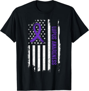 Lupus Awareness American Flag - Purple Ribbon Women Men T-Shirt - T-Shirt | Black