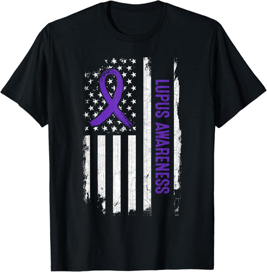Lupus Awareness American Flag - Purple Ribbon Women Men T-Shirt - T-Shirt | Black