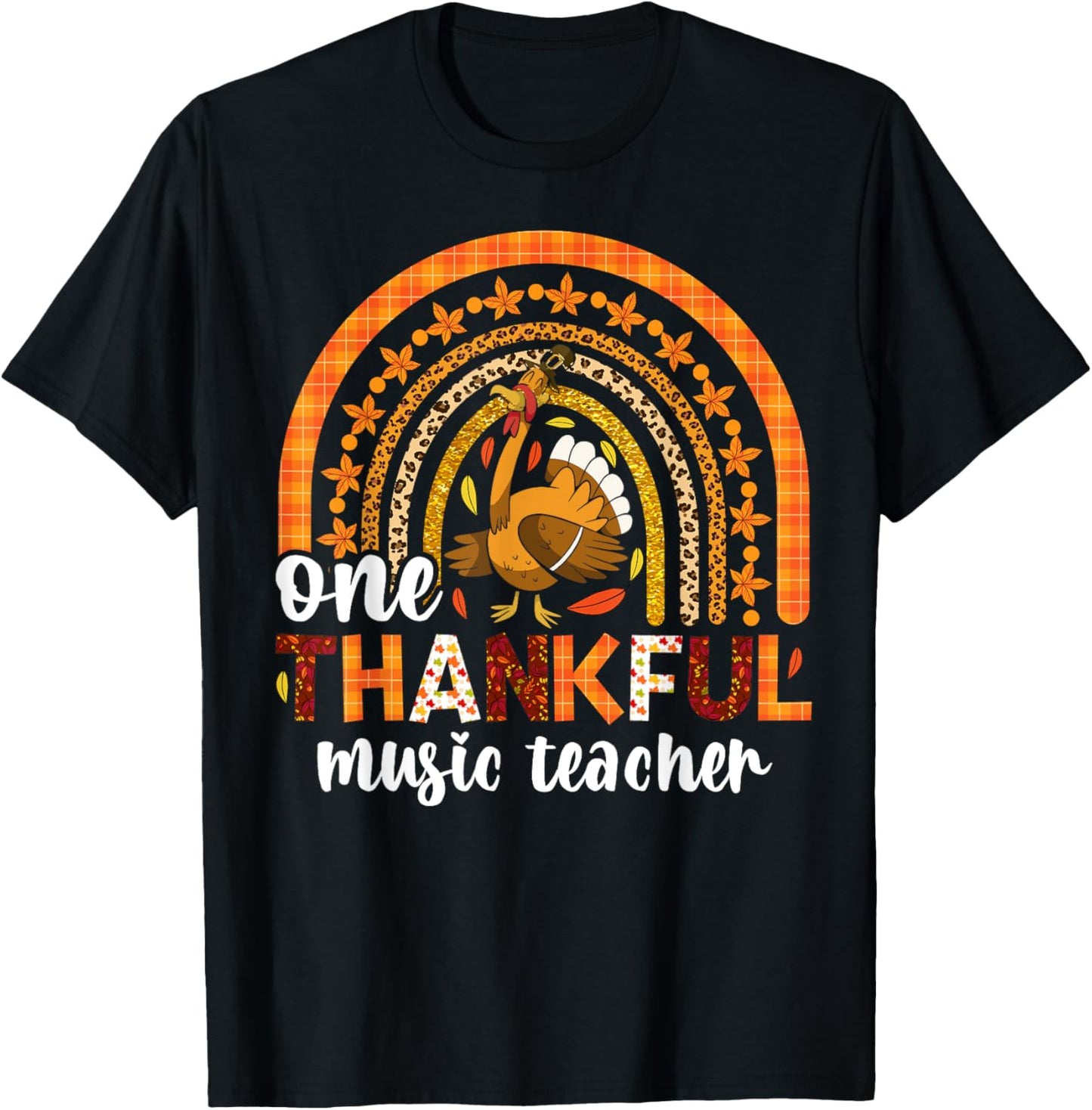 One thankful music teacher Fall rainbow thanksgiving Men Women Kids T-Shirt - T-Shirt | Black