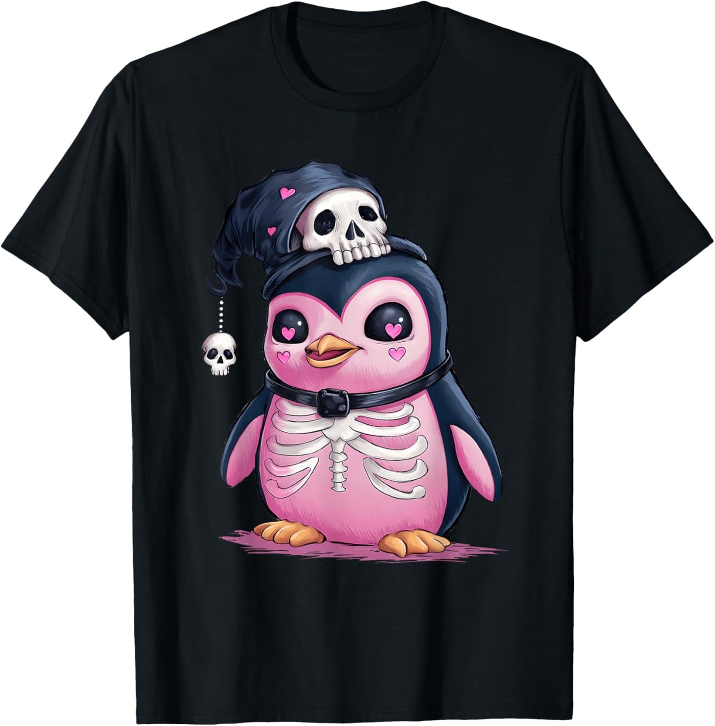 Kawaii Gothic Penguin Skulls Goth Pink Pastel graphic art T-Shirt - T-Shirt | Black