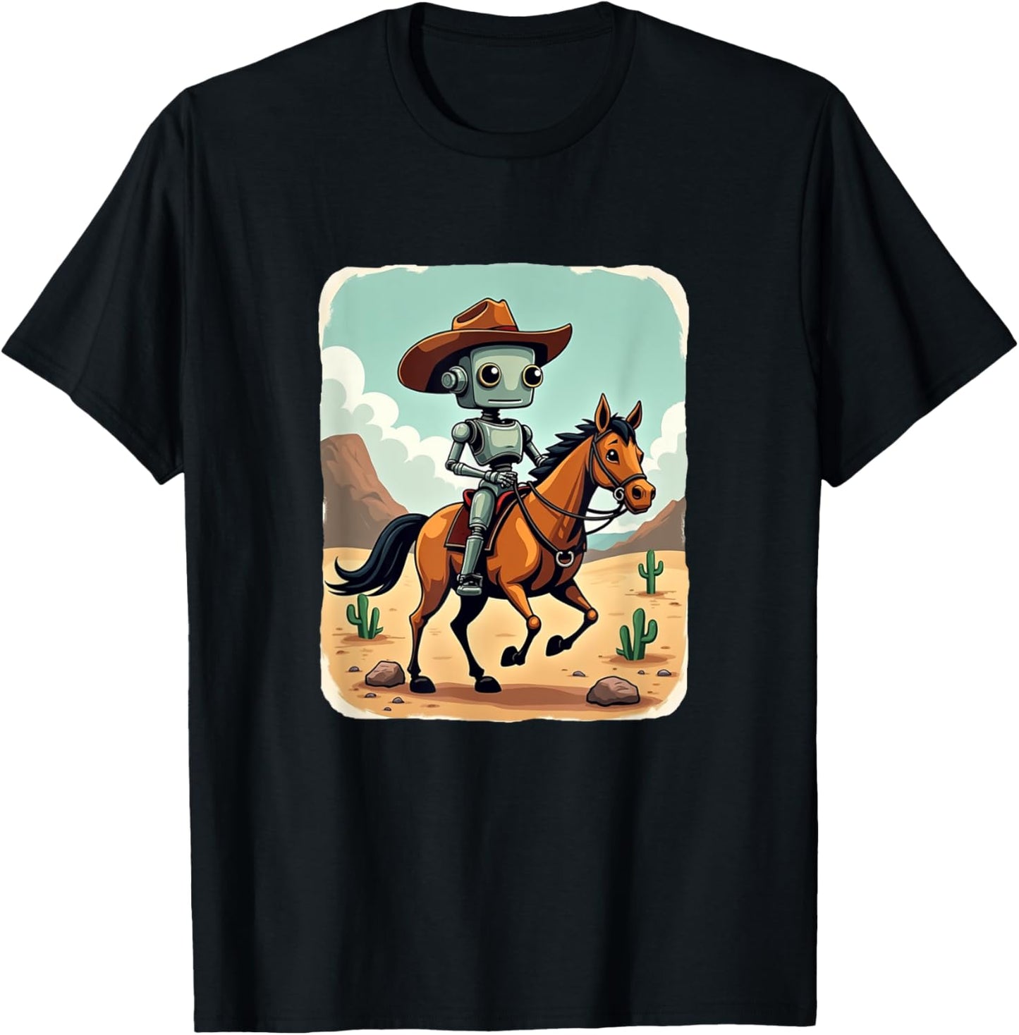 Funny Robot Cowboy Riding Horse Futuristic Western Theme T-Shirt - T-Shirt | Black