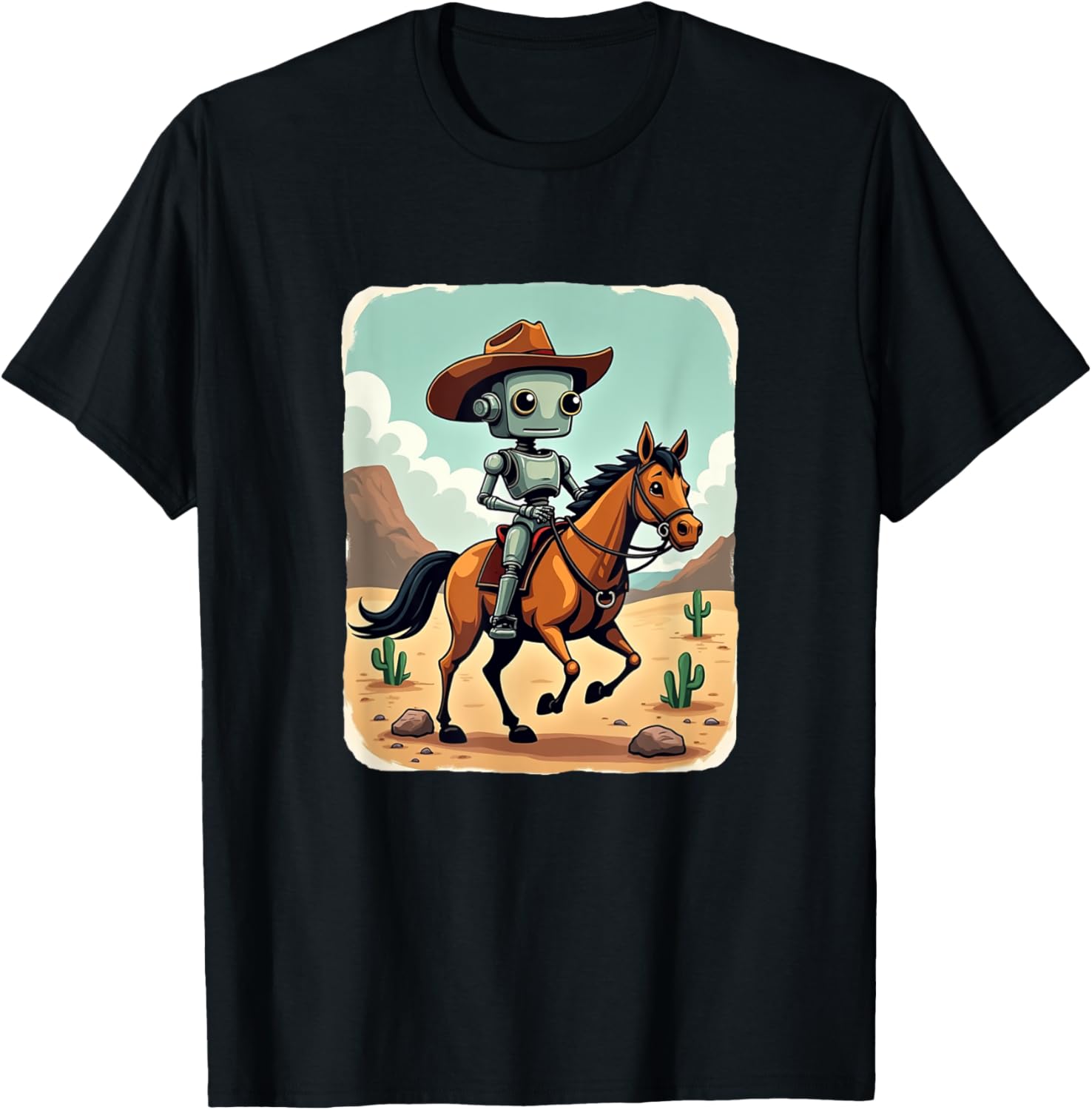 Funny Robot Cowboy Riding Horse Futuristic Western Theme T-Shirt - T-Shirt | Black