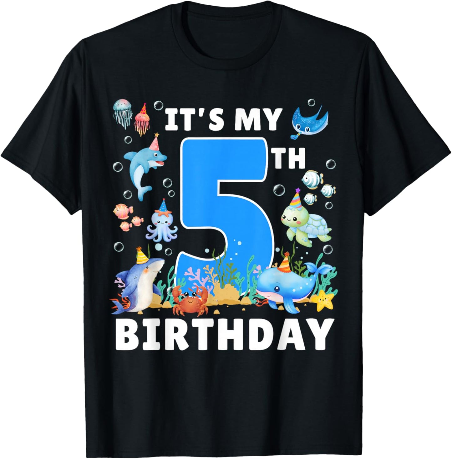 5th Birthday Under The Sea 5 Years Old Ocean Party Theme T-Shirt - T-Shirt | Black