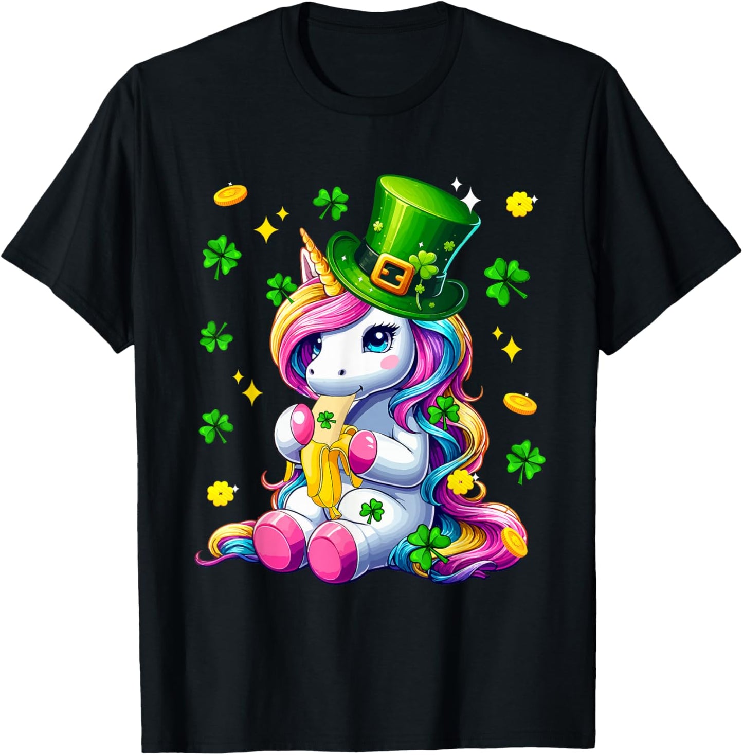 Colorful Unicorn Eating Banana St. Patrick's Day Shamrocks T-Shirt - T-Shirt | Black